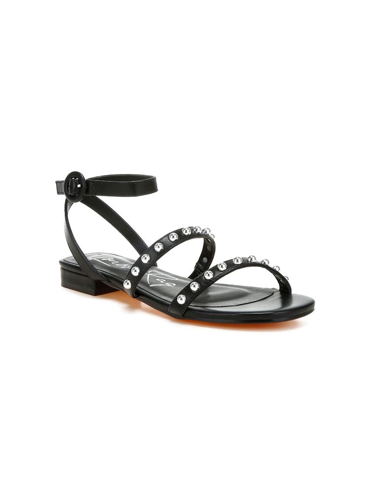 London Rag Studded Ankle Strap Flat Black Sandals-image-37