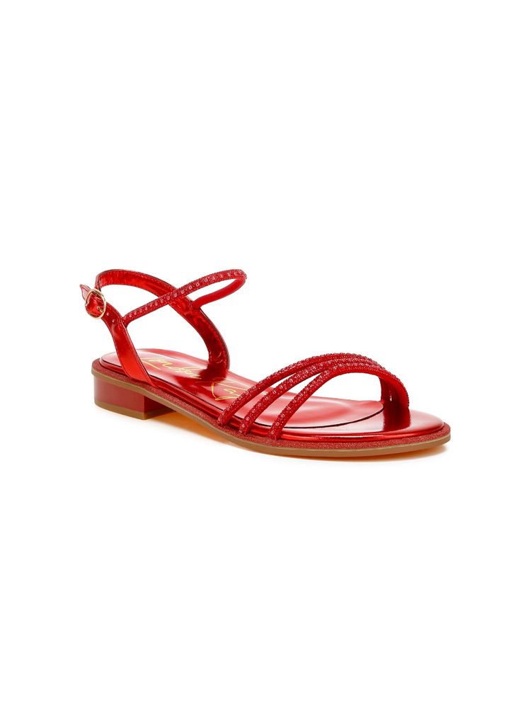 London Rag Rhinestone Pearl Detail Flat Red Sandals-picture-25