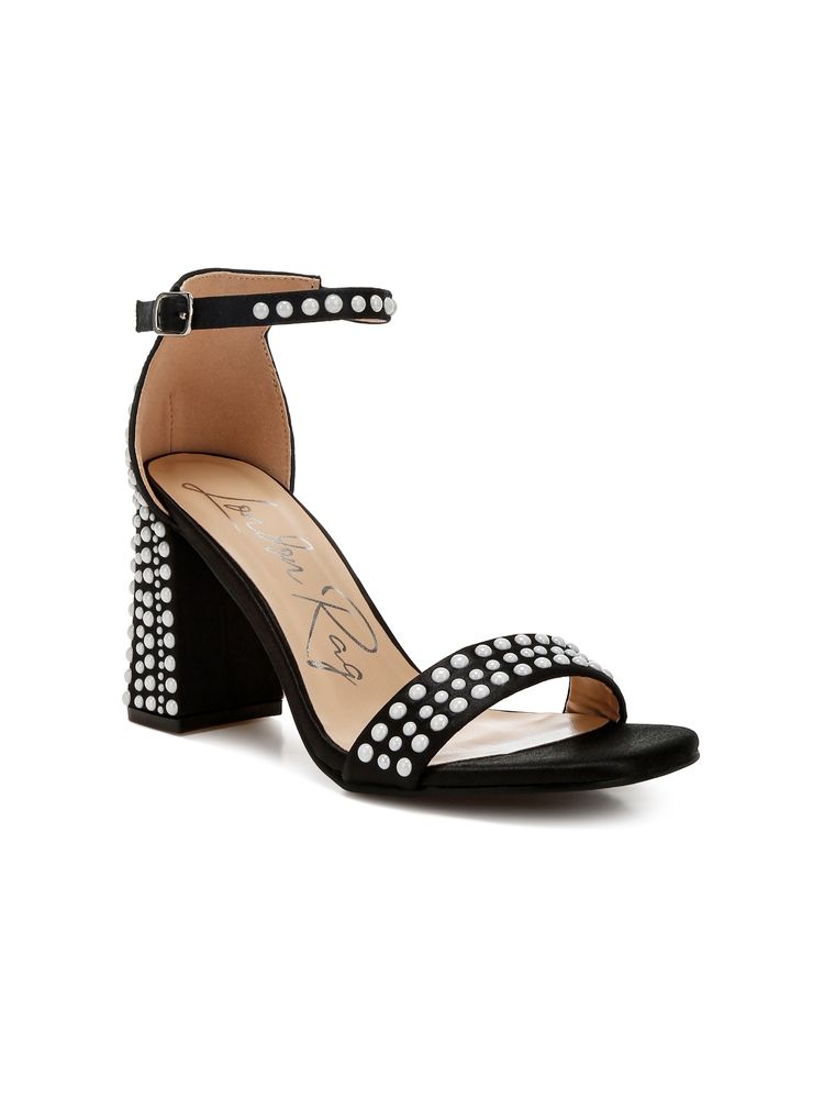 London Rag Pearls Embellished Satin Black Sandal Heels-image-23