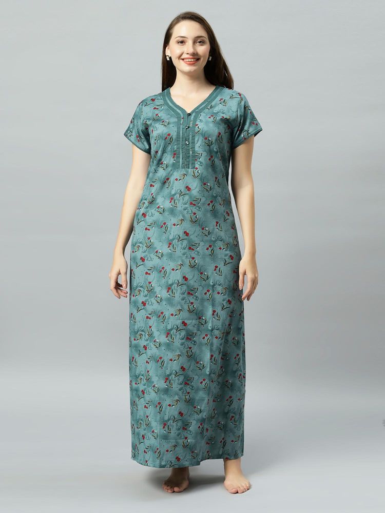 Quira Womens Printed Poly Cotton Nightdress - Green-picture-16