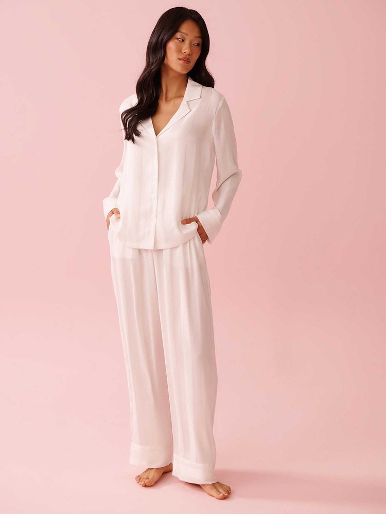 La Vie En Rose Striped Long Sleeve Satin Nightsuit White-image-29