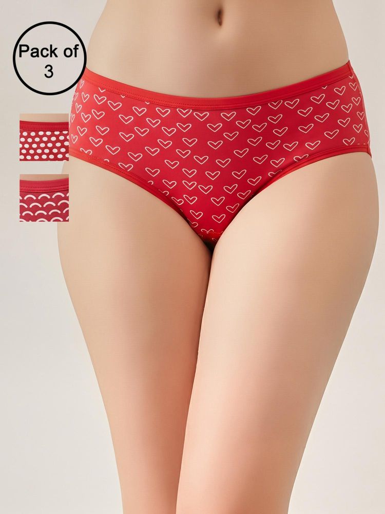 Clovia Womens Mid Waist Printed Cotton Hipster Panty Red (Pack of 3)