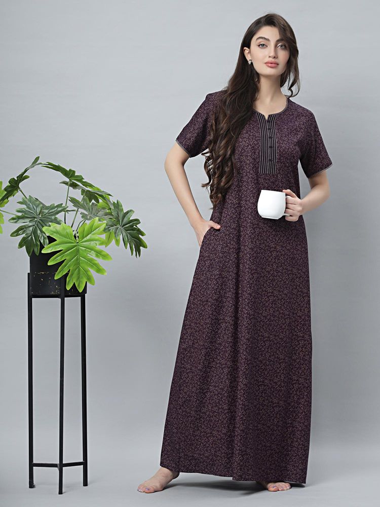 Quira Womens Wine Cotton Blend Printed Nightdress - Half Sleeves