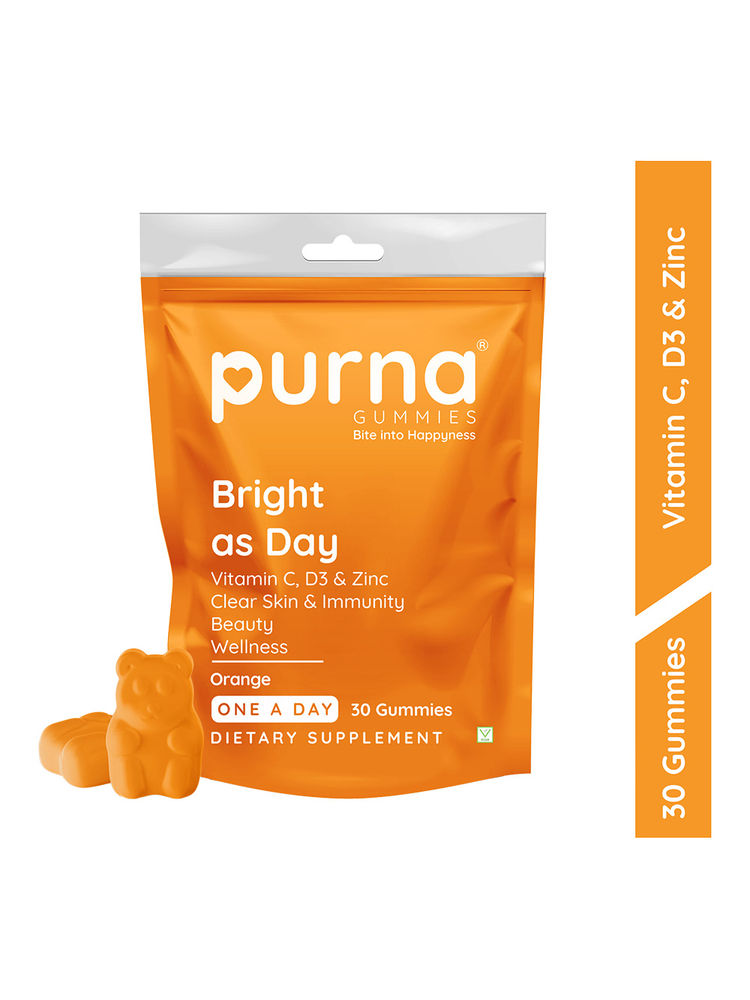 Purna Gummies Vitamin C Orange Gummies with Vitamin D3, and Zinc for Immunity & Clear Skin, 30 Day Pack