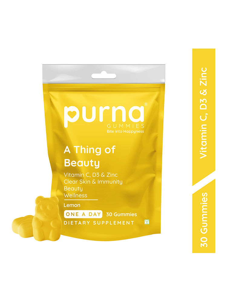 Purna Gummies Vitamin C Lemon Gummies with Vitamin D3, and Zinc for Immunity & Clear Skin, 30 Day Pack