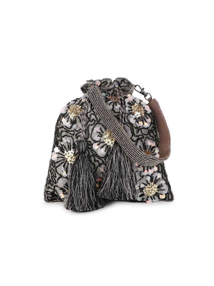 Anekaant Dangle Grey, Black and Gold Floral Embellished Faux Silk Potli-image-23