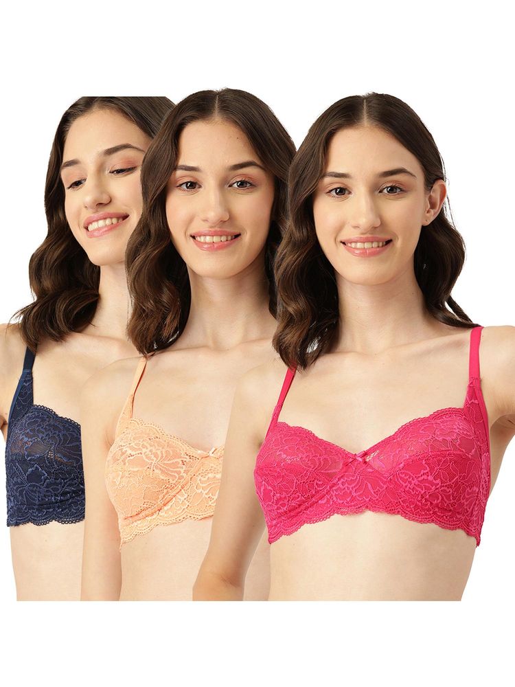 Leading Lady Womens Non-Padded and Non-Wired Lace T-shirt Bra - Multi-Color (Pack of 3)-image-7