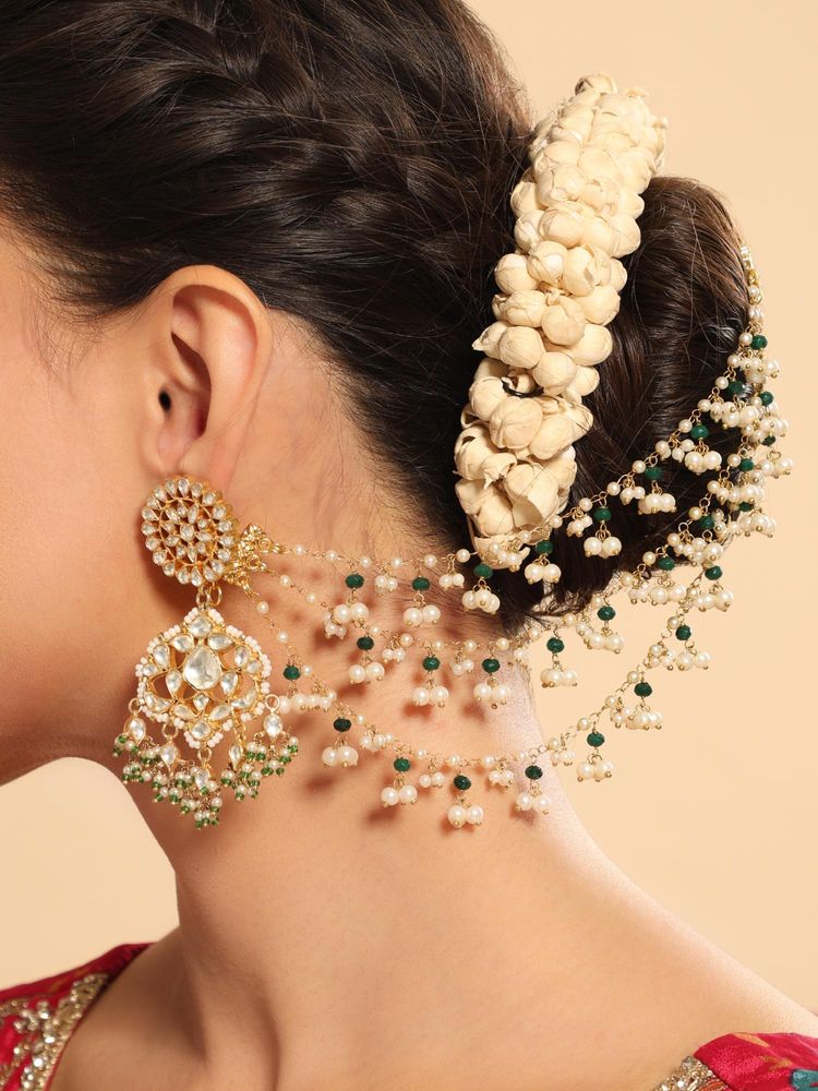 Nuyug Green Beads and Pearl Cascade Tri Layered Ear Chain-picture-9