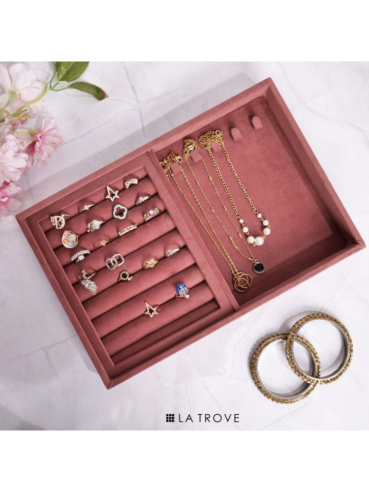 La Trove Premium Pink Velvet Ring + Chain Jewellery Storage, Organizer Display Tray-picture-14