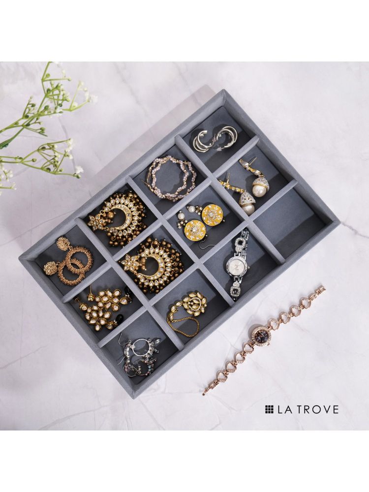 La Trove Luxury Velvet 12 Grid Organiser Jewellery Tray