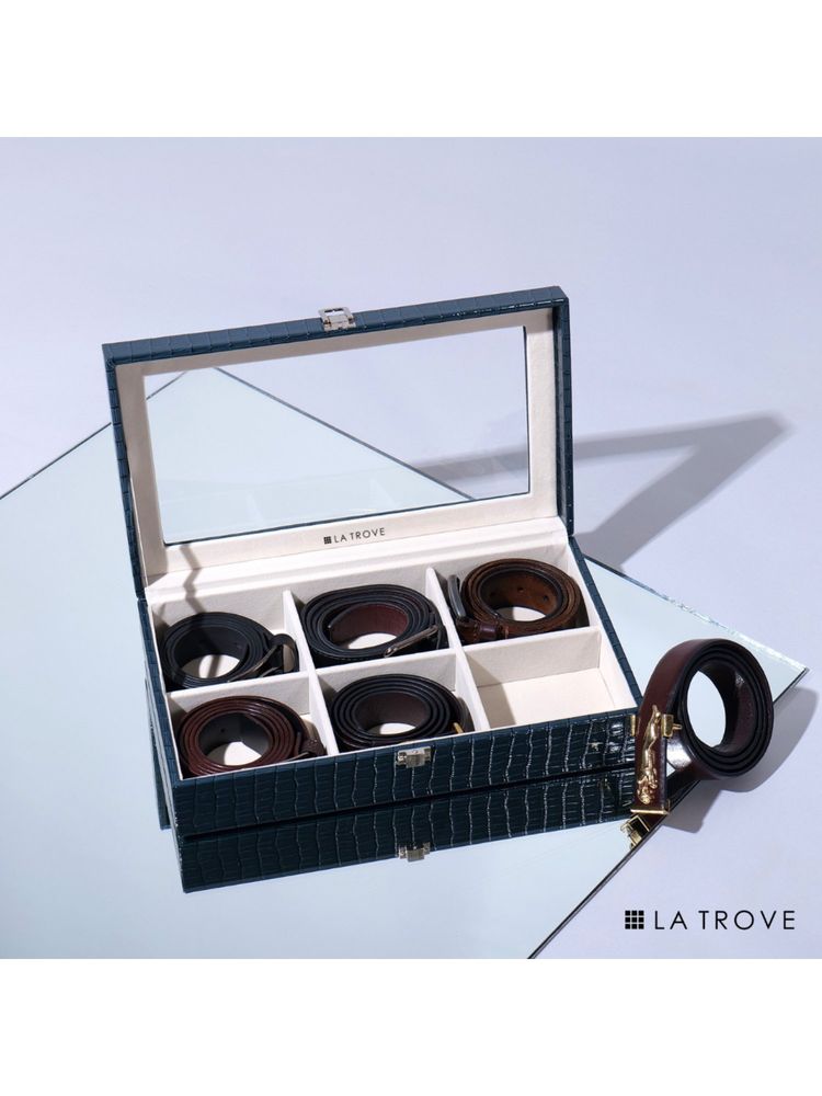 La Trove Blue Leather 6 Slots Belts & Accessories Storage Organizer Display Box-image-4