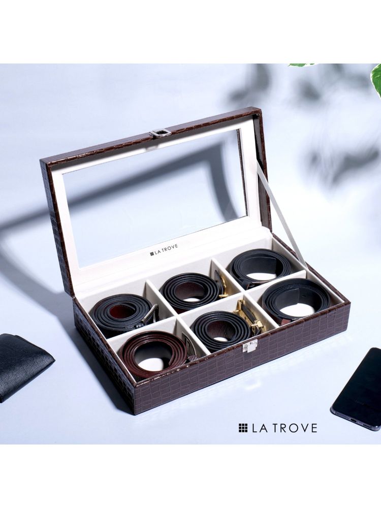 La Trove Elegant 6 Slot Belt & Pocket Square Organiser Box With Glass Top Brown