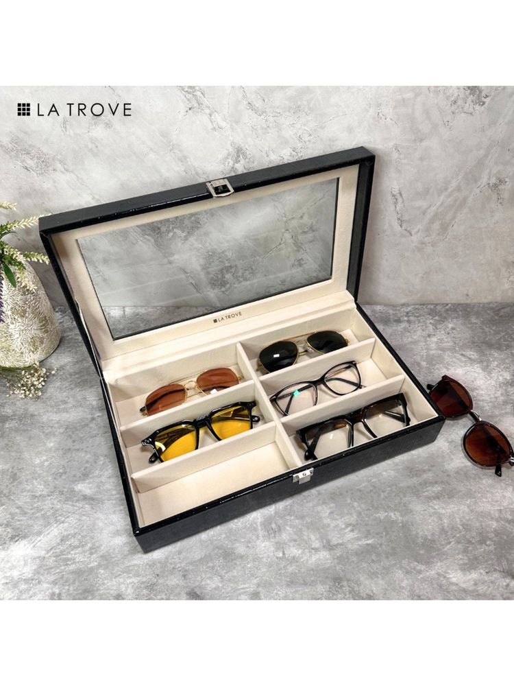 La Trove Elegant 6 Slot Sunglass Organiser Box With Glass Top Black-picture-23