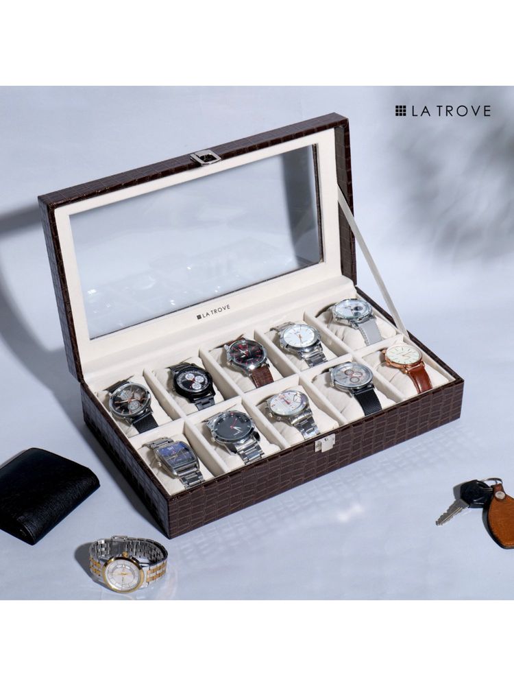 La Trove 10 Slot Watch Display Box Case Organiser With Glass Top Brown-image-7