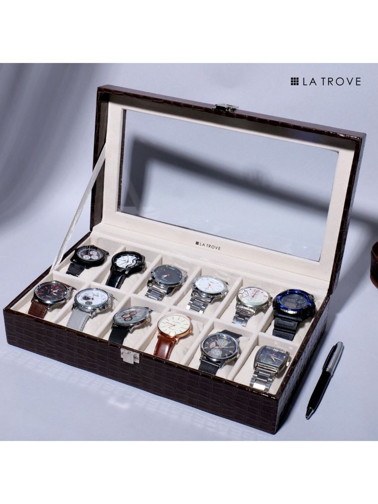 La Trove 12 Slot Watch Display Box Case Organiser With Glass Top Brown-image-41