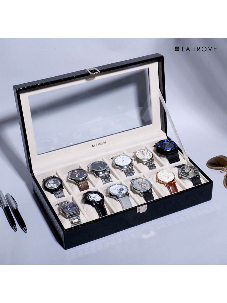 La Trove 12 Slot Watch Display Box Case Organiser With Glass Top Black
