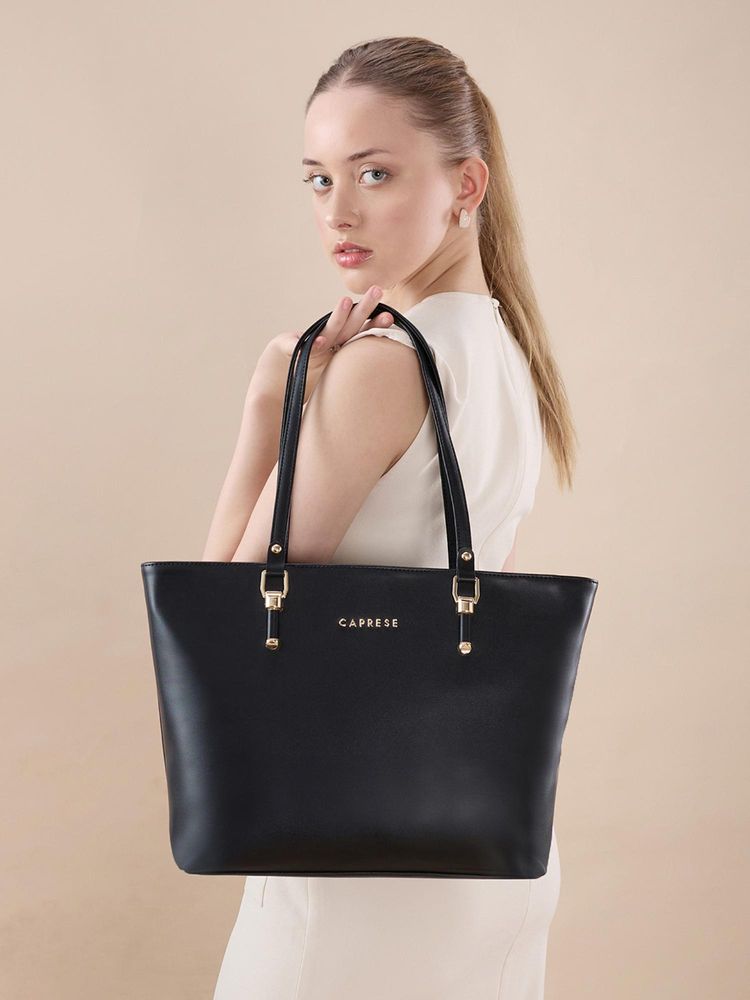 Caprese Women Black Solid Faux Leather 16 Inch Large Laptop Tote Bag-image-4