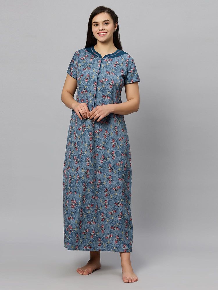 Quira Women Blue Cotton Blend Printed Nightdress-image-13