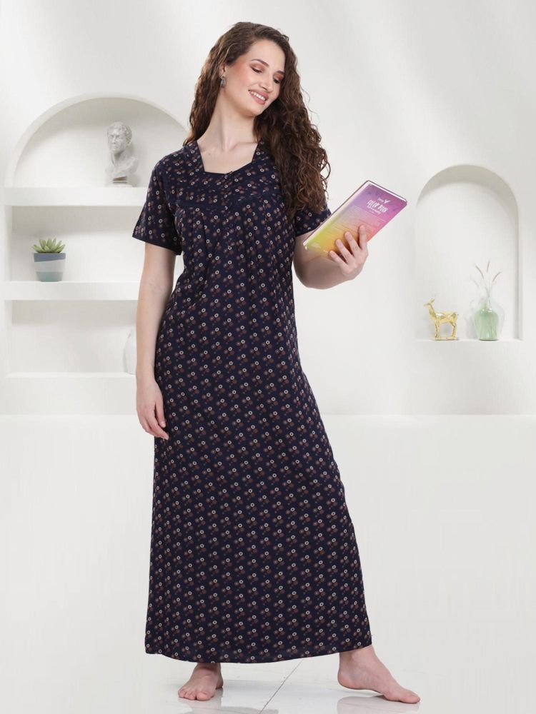 Quira Women Navy Blue Viscose Rayon Printed Nightdress-image-2