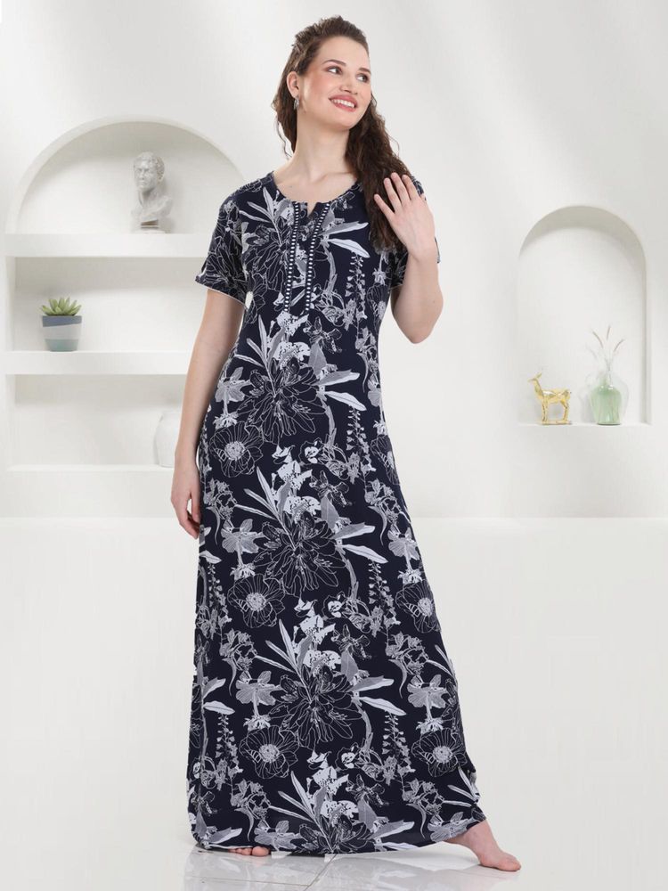 Quira Women Navy Blue Viscose Rayon Printed Nightdress-image-1