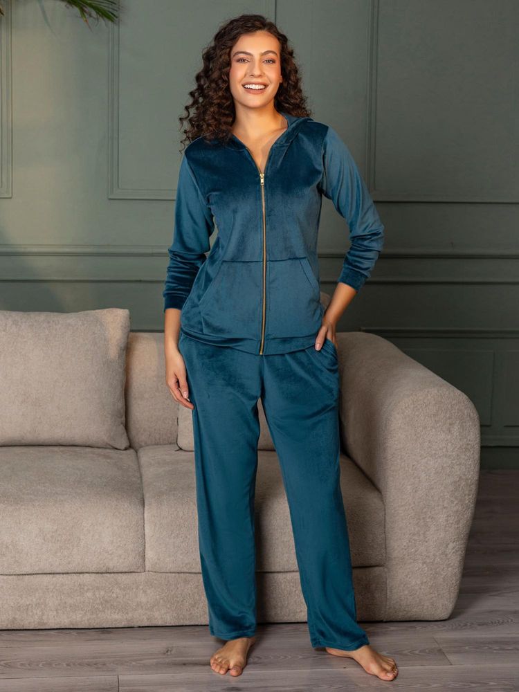 Chelvet Women Teal Velvet Solid Jacket with Pyjama-image-33