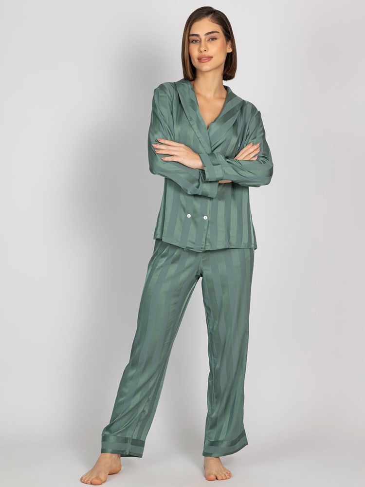 Chelvet Women Teal Satin Stripes Shirt with Pyjama-picture-27