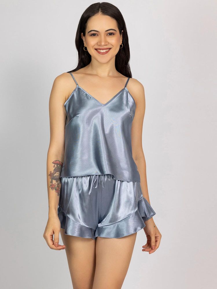 Chelvet Women Grey Satin Solid Cami with Shorts-picture-26