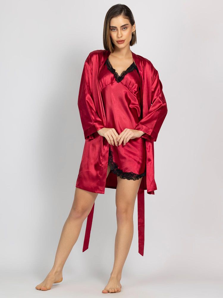 Chelvet Women Red Satin Solid Nightdress with Robe and Belt-picture-9