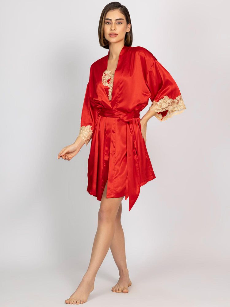 Chelvet Women Red Satin Embroidered Robe with Belt-picture-24