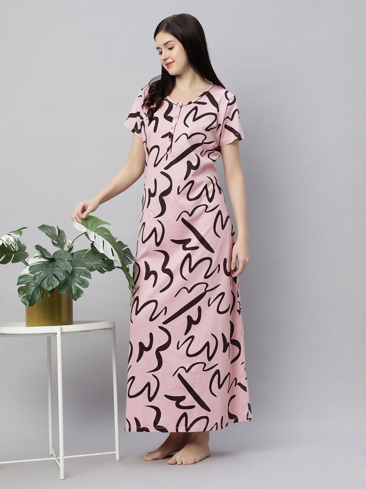 Quira Women Pink Pure Cotton Printed Nightdress-image-22