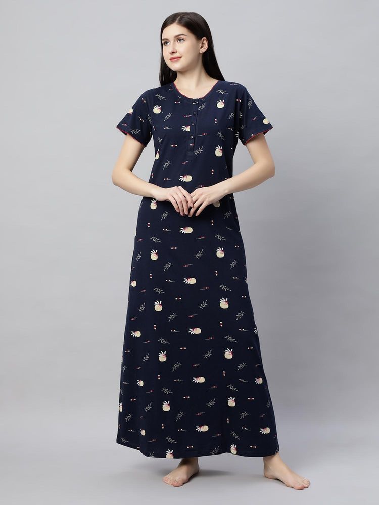 Quira Women Navy Blue Pure Cotton Printed Nightdress-image-3