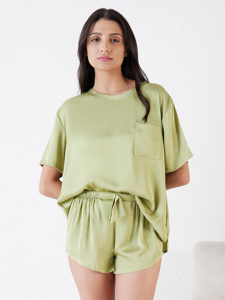 Sweet Dreams Women Green Satin Solid Top with Shorts-picture-15