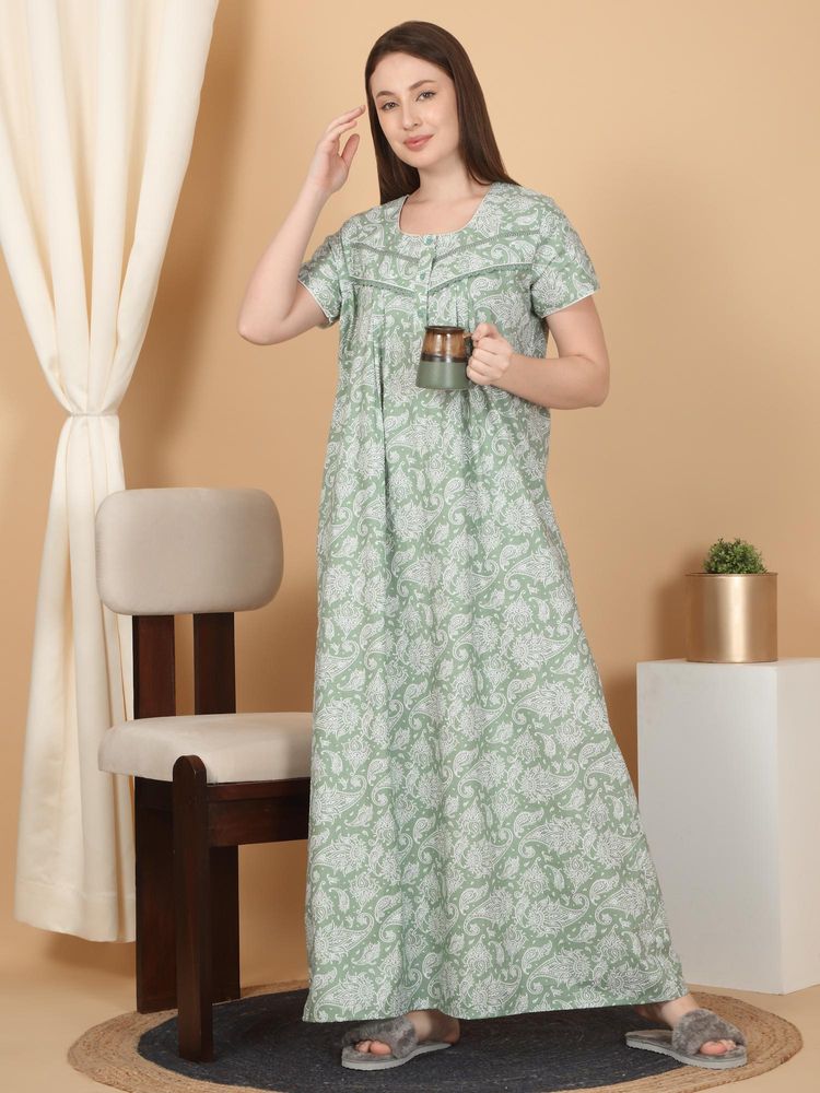 Sweet Dreams Women Green Pure Cotton Printed Nightdress-picture-30