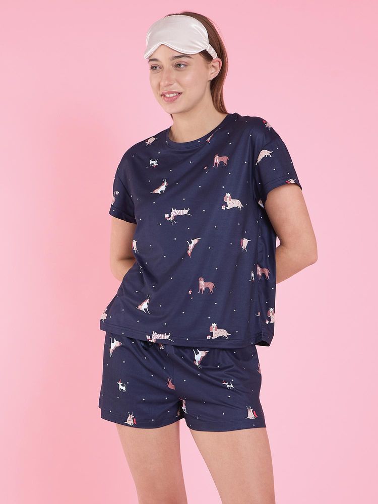 Sweet Dreams Women Navy Blue Cotton Blend Printed Top with Shorts-picture-12