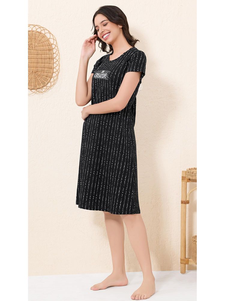 Quira Women Black Pure Cotton Printed Nightdress-image-15