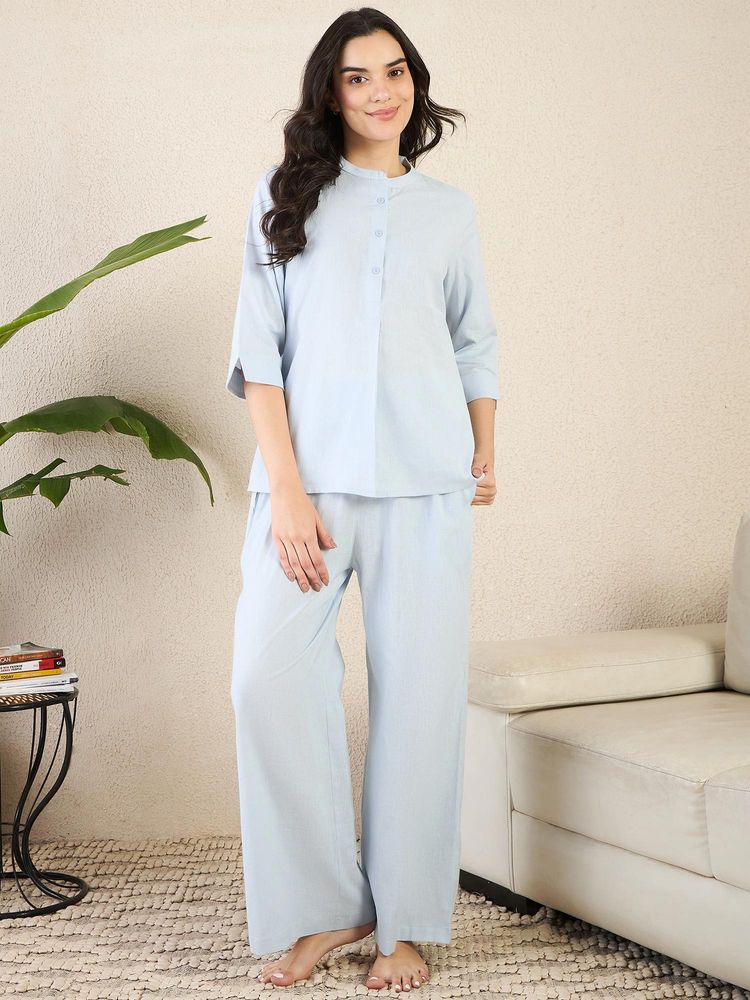 July Nightwear Women Blue Cotton Solid Kurti with Pyjama-picture-19