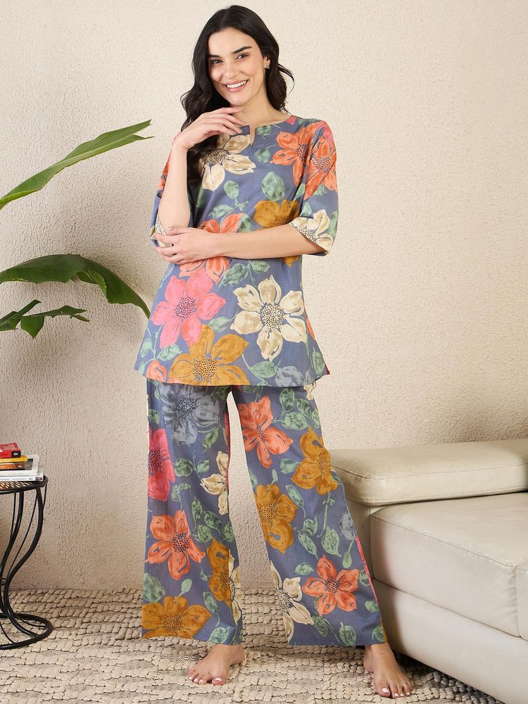 July Nightwear Women Multi-Color Cotton Floral Kurti with Pyjama-picture-18