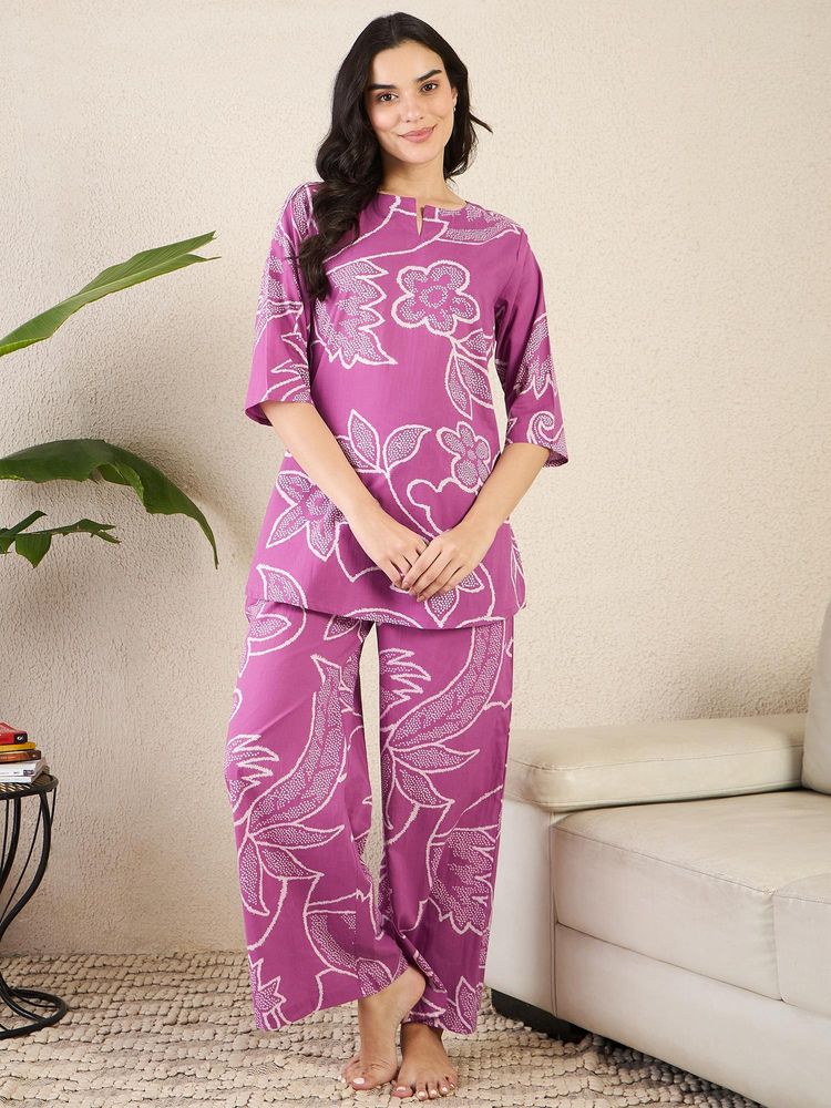 July Nightwear Women Mauve Cotton Floral Kurti with Pyjama-picture-11