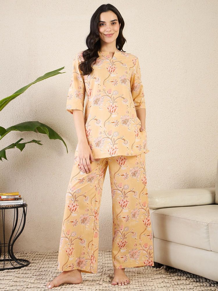 July Nightwear Women Yellow Cotton Floral Kurti with Pyjama-picture-24