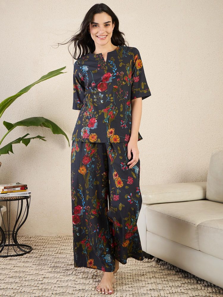 July Nightwear Women Black Cotton Floral Kurti with Pyjama-picture-22
