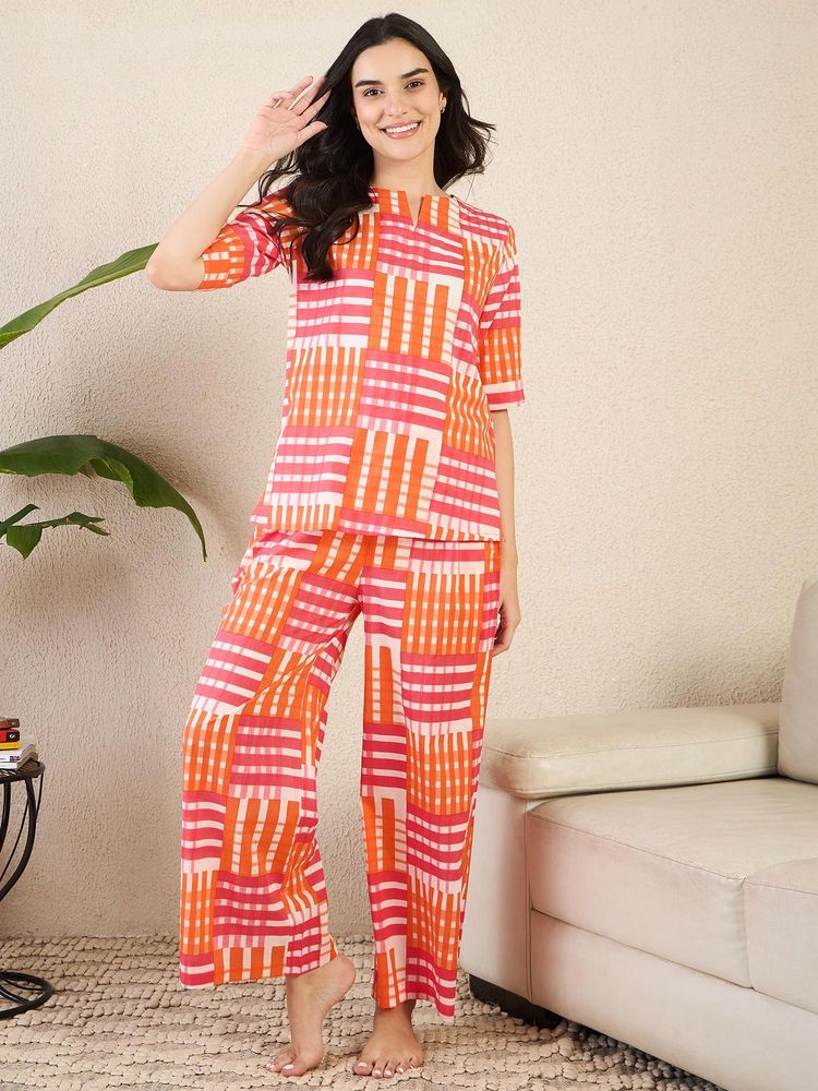 July Nightwear Women Orange Cotton Checks Kurti with Pyjama-image-9