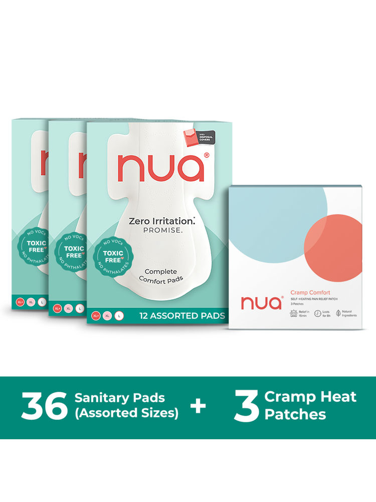 Nua Period Combo - Complete Comfort Sanitary Pads (9xl, 15l, 12r) + Cramp Comfort (3 Patches)