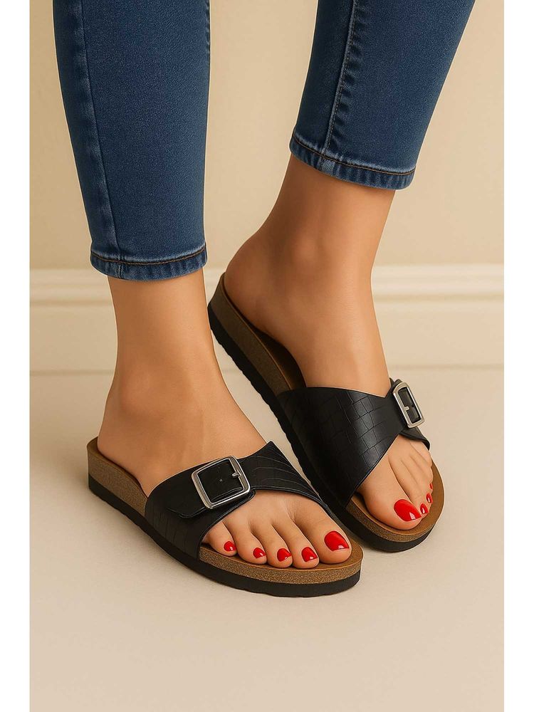 LYDC LONDON Women Black Pu Slip On Sandals-image-24