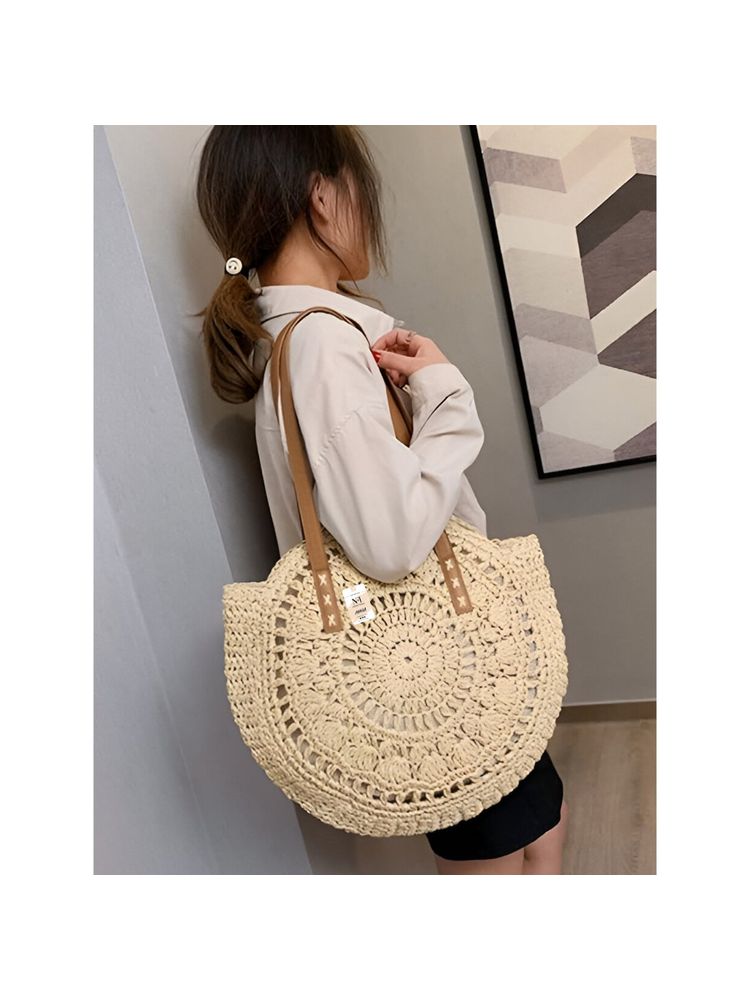 NFI Essentials Beige Ethnic Knitted Straw Wicker Woven Design Handmade Hobo Beach Handbag-picture-13