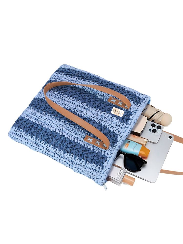 NFI Essentials Blue Ethnic Knitted Straw Wicker Woven Design Handmade Hobo Beach Handbag-picture-28