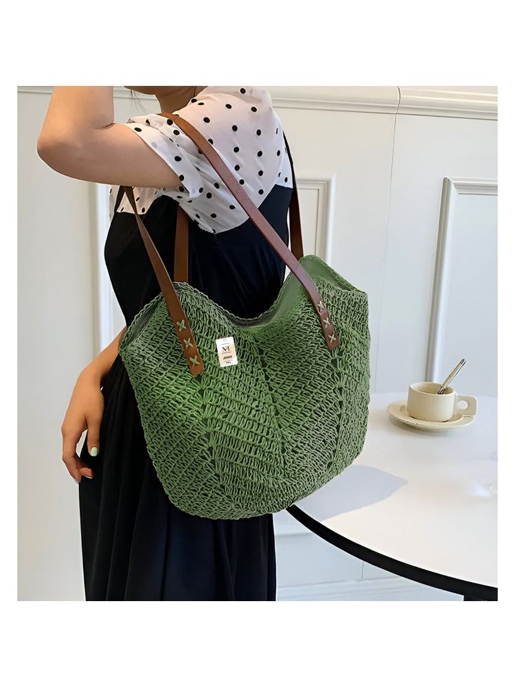 NFI Essentials Green Ethnic Knitted Straw Wicker Woven Design Handmade Hobo Beach Handbag-picture-25