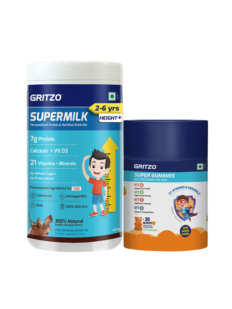 Gritzo Supermilk Height+ 2-6Y (Double Chocolate 400g) & Super Gummies Multivitamin For Kids (Orange)-image-6