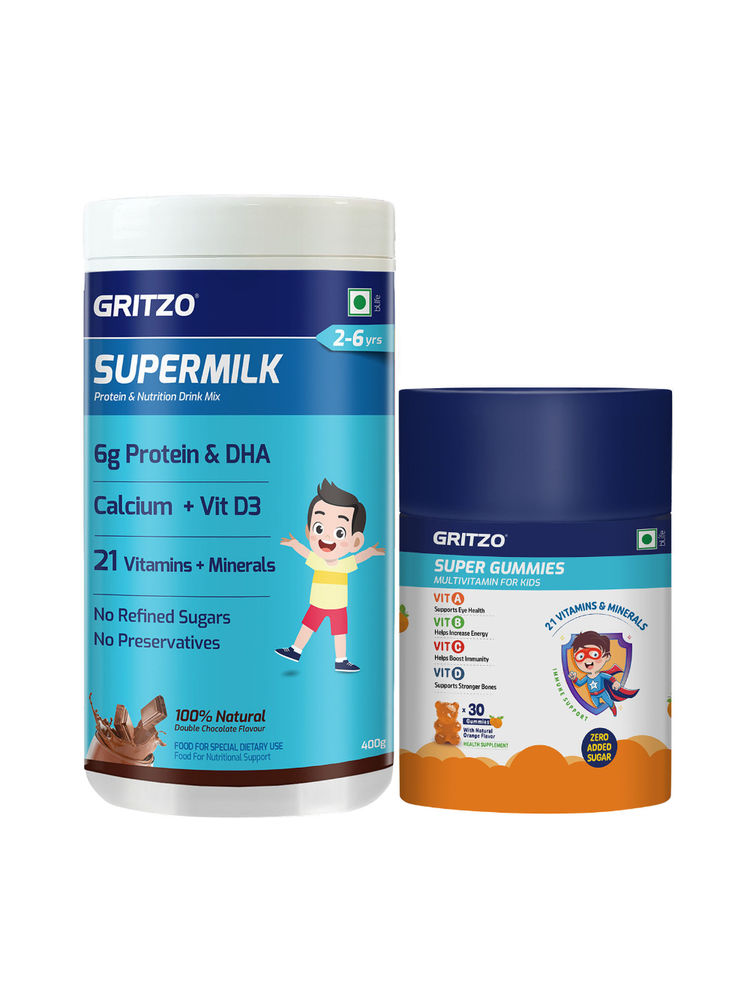Gritzo Supermilk 2-6yrs (Double Chocolate 400G) & Super Gummies Multivitamin For Kids (Orange)-image-0