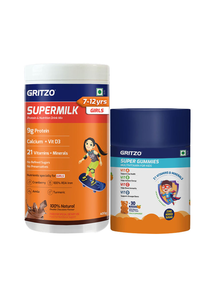 Gritzo Supermilk Girl Height+ 7-12Y 9G Protein (Double Chocolate 1kg) & Super Gummies (Orange)-picture-19