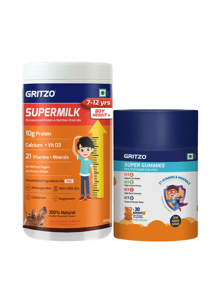 Gritzo Supermilk Boy Height+ 7-12Y 10G Protein (Double Chocolate 400g) & Super Gummies (Orange)-image-7